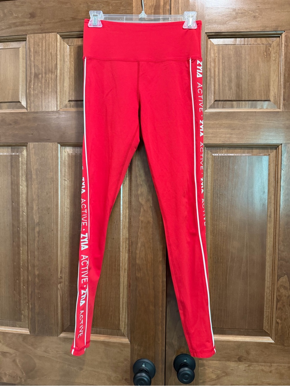 ZYIA Active Red Athletic Leggings White Side Stripe Logo, Size 4